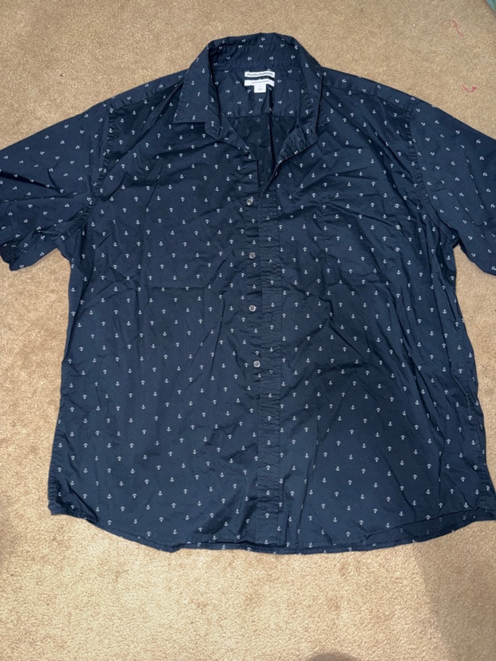 Navy Short-Sleeve Button-Down Shirt with Anchor Print